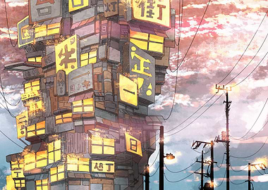 Towering Japanese Building with Signs