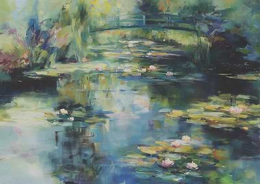 Impressionistic Water Lilies and Bridge Painting