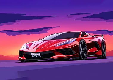 Red Corvette at Sunset