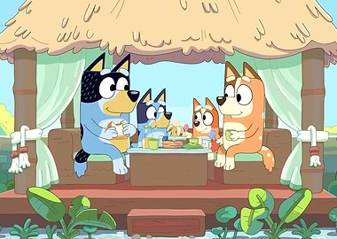 Bluey family picnic cartoon illustration