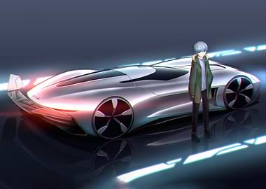 Futuristic Car with Anime-Style Character