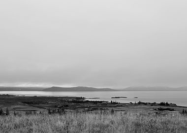 Monochrome Icelandic Landscape with Lake and Mountains