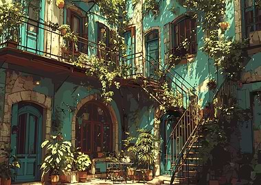 Mediterranean Courtyard with Plants and Stairs
