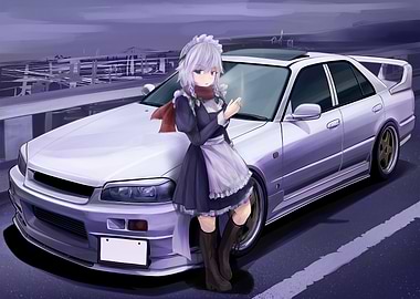 Anime Girl with White Skyline Car