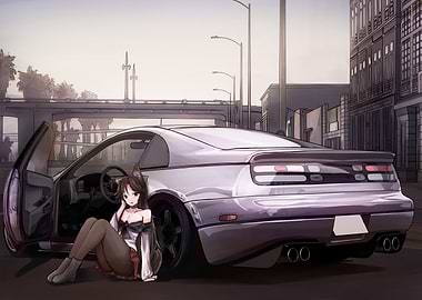 Anime Girl with Silver Sports Car