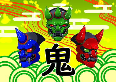 Colorful Oni Masks with Japanese Text