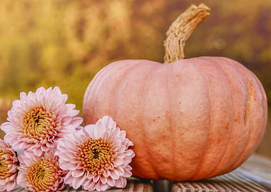 Pink Pumpkin and Flowers Still Life