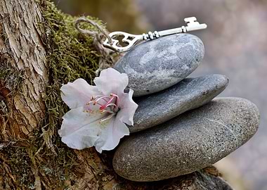 Key, Flower, and Stacked Stones Still Life
