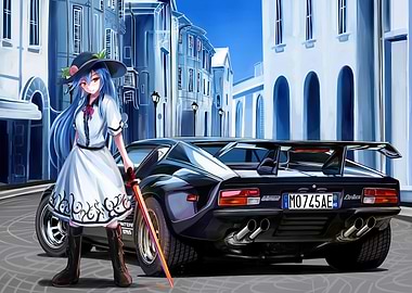 Anime Girl with Sword and Car
