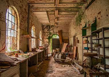 Abandoned Workshop Interior with Natural Light
