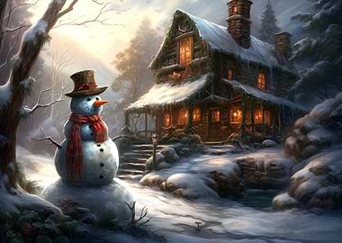 Snowman and Cabin in Winter Landscape