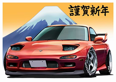Red Mazda RX-7 with Mount Fuji