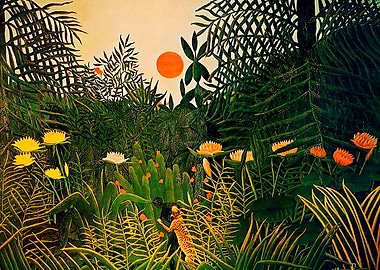 Jungle Scene with Leopard and Black Figure, henri rousseau painting