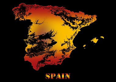 Spain Europe Topographic Contour Relief Map blending terrain features into its emblematic colorful flag