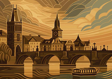 Prague cityscape with Charles Bridge illustration