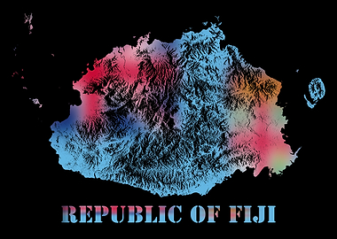 Republic of Fiji Topographic Contour Relief Map blending terrain features into its emblematic colorful flag