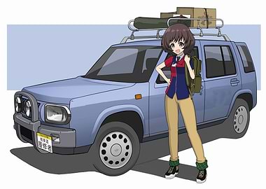 Anime girl with blue SUV illustration
