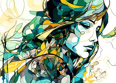 Abstract Woman Portrait with Floral Accents