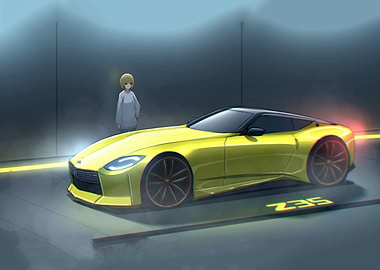 Yellow Nissan Z35 with Anime Character