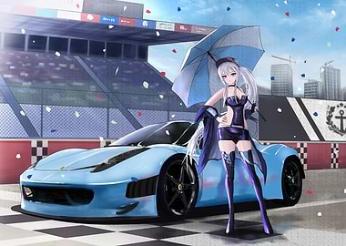 Anime Girl with Blue Sports Car