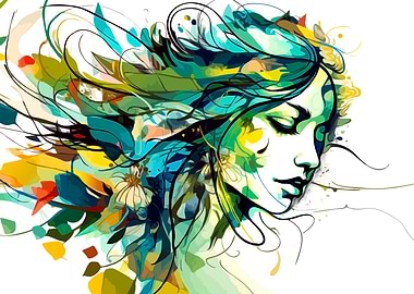 Abstract Woman Portrait with Floral Elements