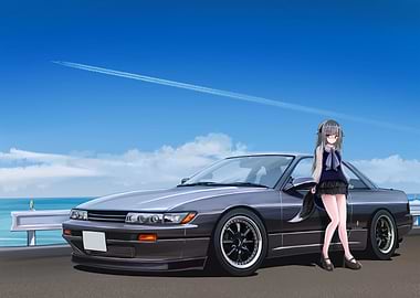 Anime Girl with Car by the Sea