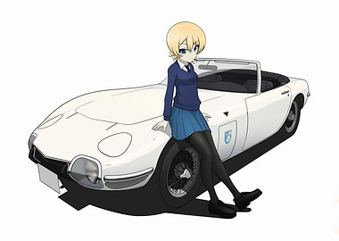 Anime Girl with White Sports Car