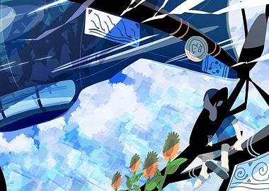 Abstract Blue Sky and Airplane Art