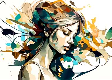 Abstract Woman Portrait with Colorful Splashes