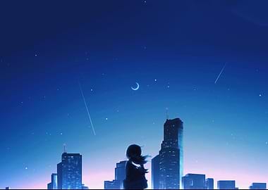 Anime Girl Stargazing in Cityscape