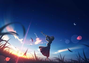 Girl playing trumpet at sunset