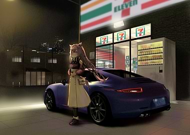 Anime Girl with Car at 7-Eleven