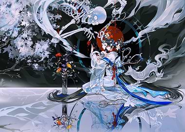 Two figures with skeleton and fox