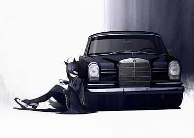 Anime Girl with Classic Mercedes-Benz