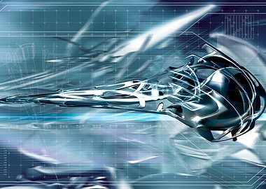 Abstract Metallic Shape on Blue Grid