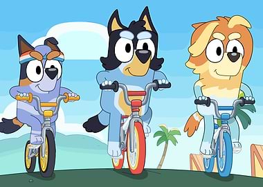 Bluey characters riding bicycles cartoon image