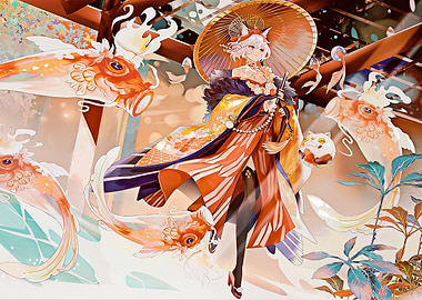 Anime Girl with Koi Fish Illustration