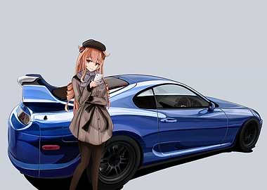 Anime Girl with Blue Toyota Supra