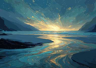 Coastal Sunset Painting with River Flow