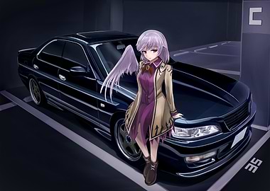 Anime Girl with Black Car in Garage