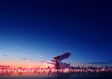 Winged Figure at Sunset over City