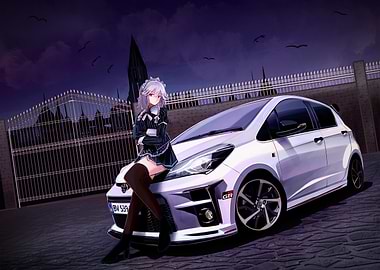 Anime Girl with White Toyota Yaris GR