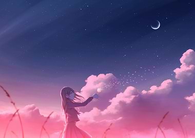 Anime Girl with Dandelion at Night