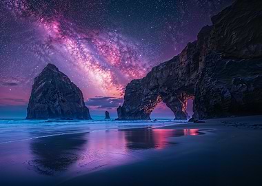 Milky Way over coastal rock formations