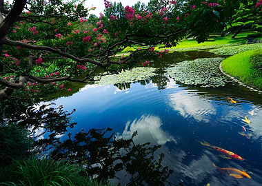 Japanese Garden Pond with Koi Fish