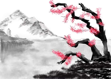 Cherry Blossom Tree and Mountain Landscape