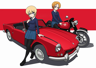 Anime girls with red car and motorcycle