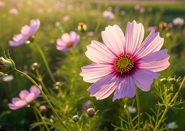 Pink Cosmos Flowers in a Field