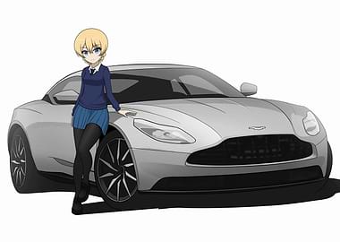 Anime Girl with Silver Aston Martin