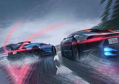 Two Racing Cars on a Wet Road